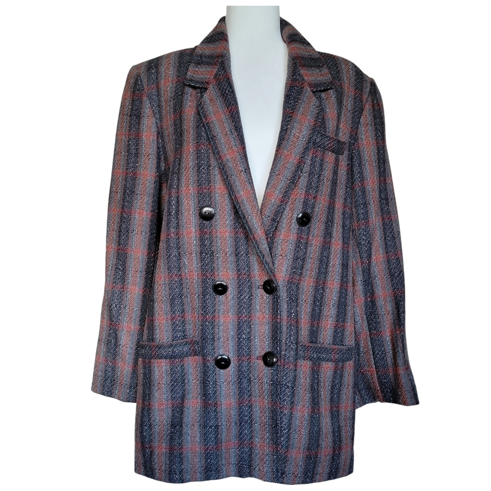 Vintage 90s Oversized Grey Red Blue Glen Plaid Hand Made Woolen Jacket Blazer 12